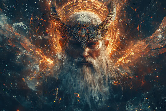 An abstract digital depiction of Svarog, the Slavic god of fire, blacksmithing, and the sky