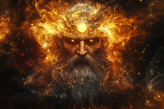 An abstract digital depiction of Svarog, the Slavic god of fire, blacksmithing, and the sky
