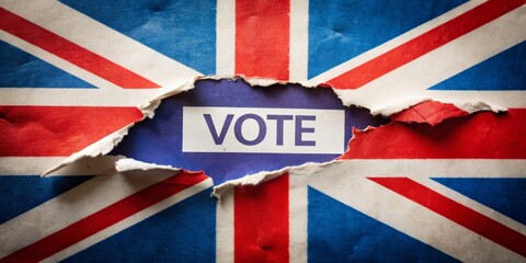 Fototapeta premium Torn Union Jack Flag Revealing Vote Word, British, Election, Democracy, Politics