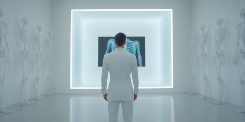 Fototapeta premium A doctor in a white coat examines an X-ray image in a modern medical office surrounded by skeletal models