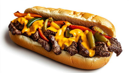 Philly cheesesteak with lots of cheese and peppers, white backgroun