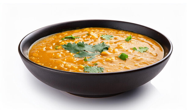 Indian popular food Dal fry or traditional Dal Tadka Curry served in a bowl, isolated on white background