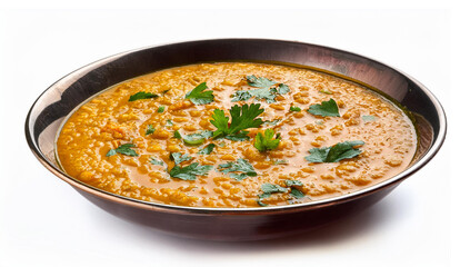 Indian popular food Dal fry or traditional Dal Tadka Curry served in a bowl, isolated on white background