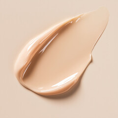 Beige cream smear on a light peach background. Radiant liquid serum or hair conditioner texture.