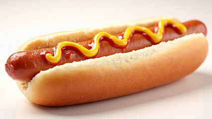 Studio photo of a hot dog with ketchup and mustard, widescreen 16:9, 300 dpi, with free space for text