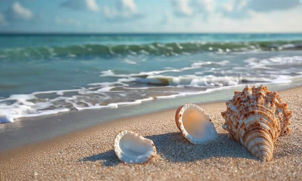 three seashells on a sandy beach next to the ocean