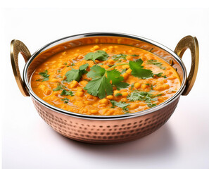 Indian popular food Dal fry or traditional Dal Tadka Curry served in a bowl, isolated on white background