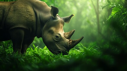 Fototapeta premium Endangered Javan Rhino calmly grazing, Forest clearing framed by dense tropical foliage, An emblematic image for endangered species awareness, Demonstrating the urgency of conservation
