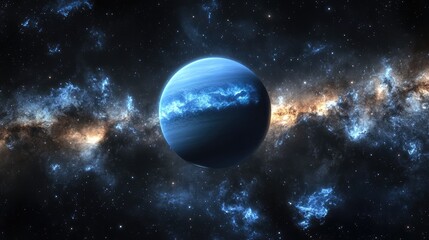 Obraz premium A detailed view of Neptune against a cosmic galaxy backdrop, with bright stars and nebulae creating a stunning visual.