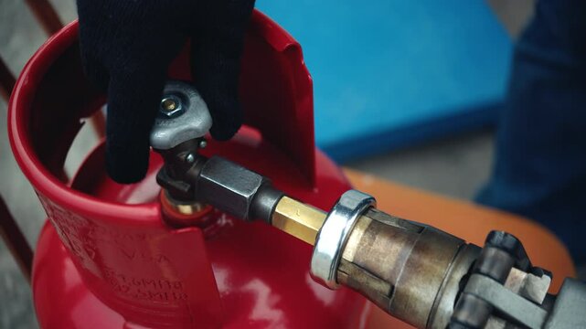Top view of a hand in a black glove opening the valve of a red cylinder with a gas gun attached via a metal adapter. Filling a household cylinder with liquefied natural gas at a gas station