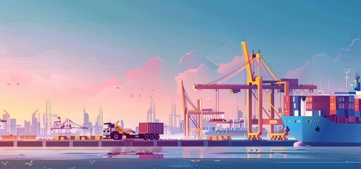 Fototapeta premium Cargo Ship at Harbor Sunset