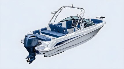 A white jet boat with a blue stripe on the side. 