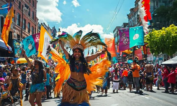a woman in a colorful costume dancing in a parade