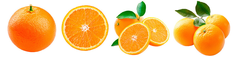 Fresh Oranges on Transparent Background: A vibrant selection of whole and sliced oranges with green leaves, showcasing their juicy, bright orange color. Perfect for citrus, culinary, and healthy lifes
