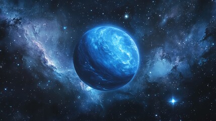 Obraz premium A cosmic view of Neptune surrounded by galaxies and nebulae, with distant stars twinkling in the background.