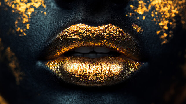 Precyzyjne, artystyczne ujęcie ust i dolnej części twarzy osoby, pokrytej lśniącą złotą farbą, uchwycone w spos&oacute;b, kt&oacute;ry eksponuje szczeg&oacute;łowe tekstury i delikatne dotknięcia paznokci. 
