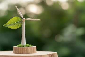 A model wind turbine with a green leaf symbolizes renewable energy and environmental sustainability in a natural setting.