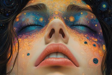 Cosmic Beauty: A woman's face adorned with a galaxy of colors and patterns