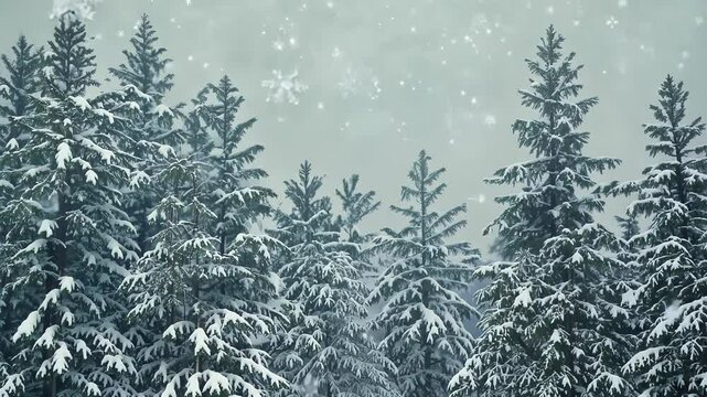 Bosque nevado con abetos cubiertos de nieve esponjosa, sobre cuyo fondo caen lentamente los copos de nieve