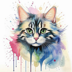 Obraz premium a multicolored, brown striped fluffy cat. a pet. a beautiful pet. watercolor illustration. artificial intelligence generator, AI, neural network image. background for the design.