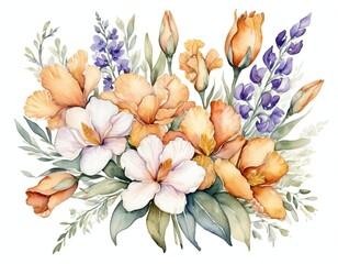 Watercolor painting of a bouquet of flowers with orange, white, and purple hues.
