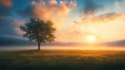 Fototapeta premium Spokojny, mglisty poranek z samotnym drzewem na tle trawiastych łąk i dramatycznego nieba, gdzie słońce przebija się przez chmury, nadając pejzażowi magiczny i cichy nastrój.