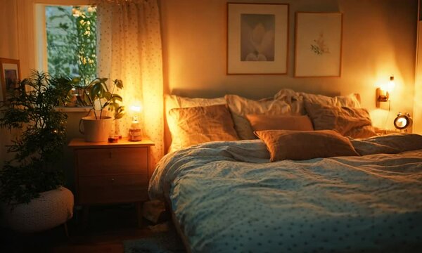 a bed in a bedroom with two lamps on either side of it
