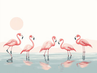 Obraz premium Elegant Minimalist Flamingos Standing in a Tranquil Water Body - Ideal for Children's Book Illustrations and Serene Nature-Themed Vector Art