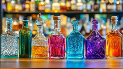 Różnorodne, kolorowe napoje w stylowych butelkach ułożone na ladzie baru, z rozmytym tłem innych alkoholi. 