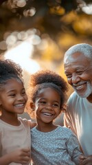 Two happy young girls laugh with their smiling grandfather in a warm, sunlit park, creating cherished family memories together
