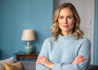 Beautiful Blonde Woman in Cozy Blue Sweater in Living Room with Blue Walls and Table Lamp on Coffee Table, Left Side Copy Space