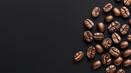 A close-up view of roasted coffee beans on a black background, showcasing their rich texture and deep color.