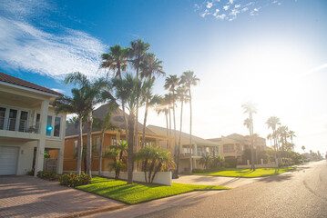 Fototapeta premium Quite street morning sunbeam on line of tall tropical palm trees, upscale two-story beach houses, porch, clay tile roofs, sunny cloud blue sky in downtown South Padres Island, travel destinations