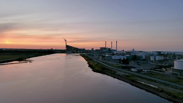 Aerial view of famous places heat and power waste to energy plant and sport park in Copenhagen at sunset, Denmark.