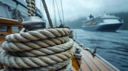 Obraz premium A close-up of a rope on a boat, with a cruise ship in the background, surrounded by serene water amid a misty atmosphere.