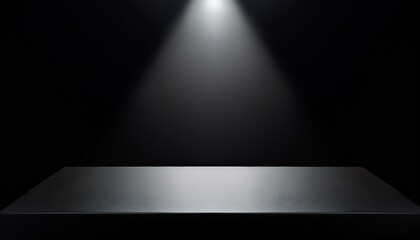 Black table with spotlight. Empty studio on black background. Minimalist mockup podium for showcase. Empty desk illuminated by spotlight, interior room for displaying products	