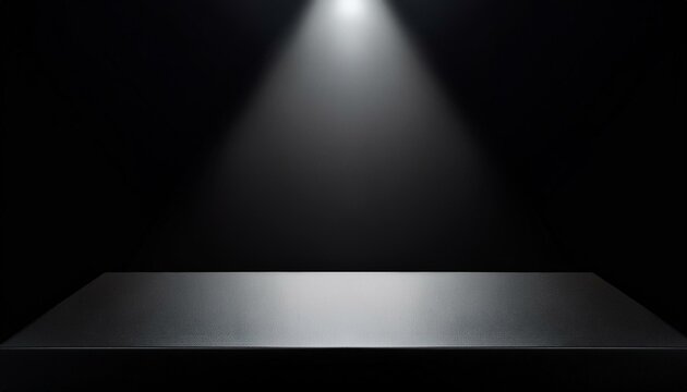 Black table with spotlight. Empty studio on black background. Minimalist mockup podium for showcase. Empty desk illuminated by spotlight, interior room for displaying products	