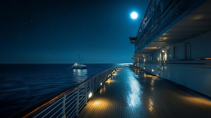 Fototapeta premium A tranquil night scene on a cruise ship deck, illuminated by glowing lights and a bright moon over calm waters.