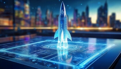 Futuristic holographic outline model of a spacecraft taking off. Cold tone wireframe of a spaceship. Polygonal model. Modern city in the background	