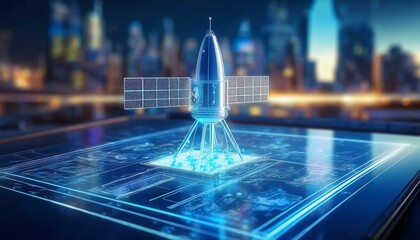 Futuristic holographic outline model of a satellite spacecraft taking off. Cold tone wireframe. Polygonal model. Modern city in the background	