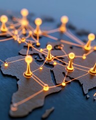 Stylized global network connections on a world map, showcasing technology and communication in a modern digital landscape.
