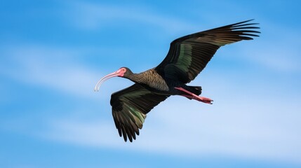 Naklejka premium Northern Bald Ibis in flight over coastal marsh, Distinctive bald head and long curved beak against clear blue sky, Symbol of avian grace, Emphasizing conservation of endangered birds
