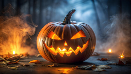 Obraz premium Detailed Jack-o'-Lantern with Glowing Eyes and Mouth, Low Light, Dark and Misty Background Creating Spooky Ambiance