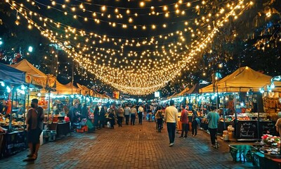 a crowd of people walking around a market at night - Powered by Adobe