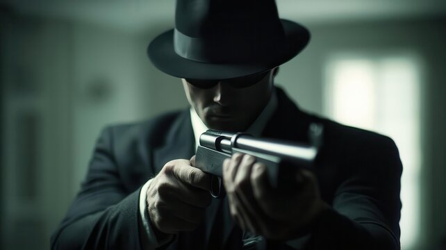 A mafia hitman assembling a rifle in a dimly lit room, photorealistic, hyper-resolution, meticulous preparation for an assassination