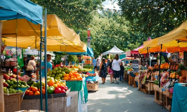 a farmers market with lots of fruit and vegetables
