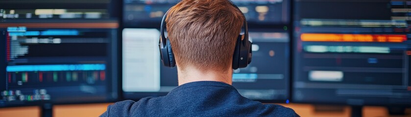 A focused individual wears headphones, working on multiple computer screens displaying data analysis and technology.