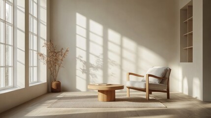 Serene Minimalist Living Room with Wooden Chair and Coffee Table in Natural Sunlight