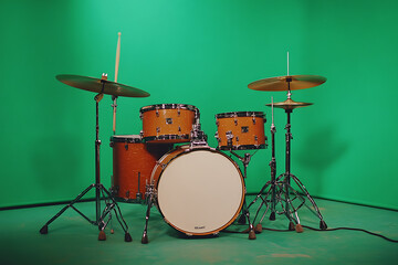 A drum set featuring a bass drum, snare, and cymbals against a green backdrop.