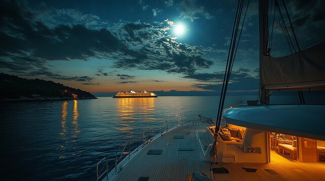 A tranquil night scene from a yacht, showcasing moonlit waters and a distant ship under a starry sky.